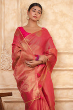Fuchsia Pink Color Organza Cotton Golden Zari Woven Saree