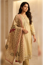 Beige Cotton Embroidered And Lace Work Suit Set