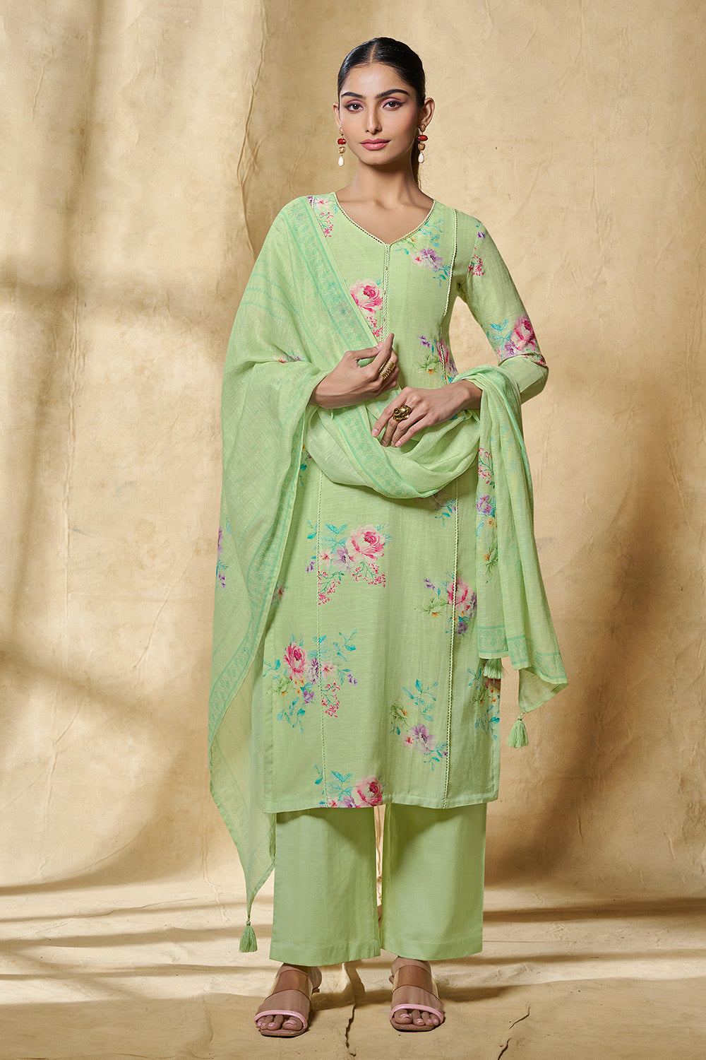 Pista Green Chanderi Cotton Floral Printed Suit Set