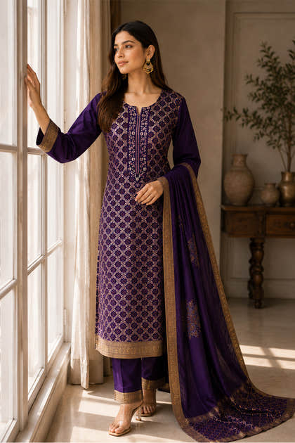 Purple Georgette Zari Woven Suit