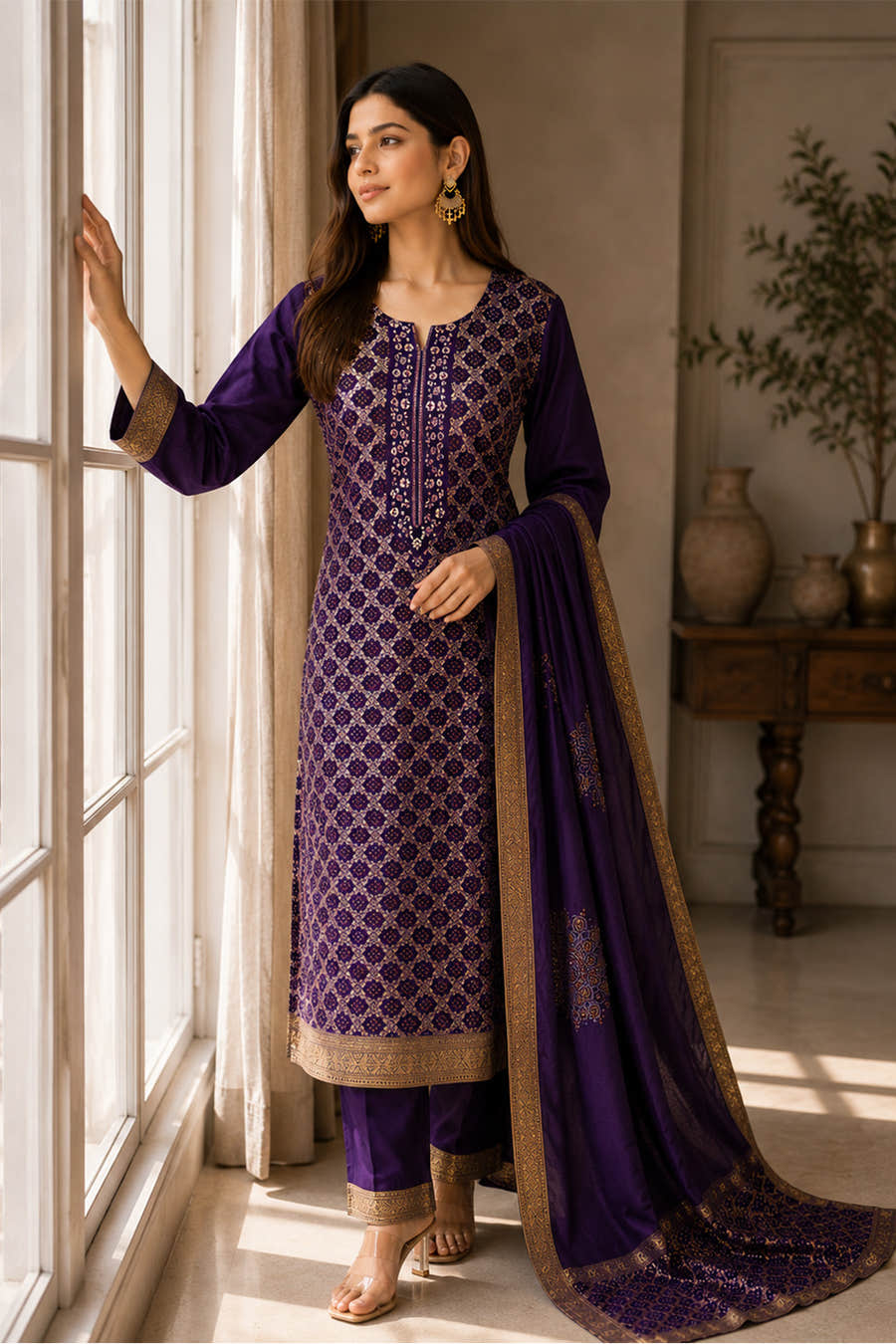 Purple Georgette Zari Woven Suit