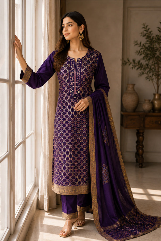 Purple Georgette Zari Woven Suit