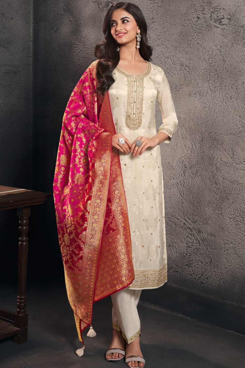 Cream Silk Embroidered & Woven Suit Set