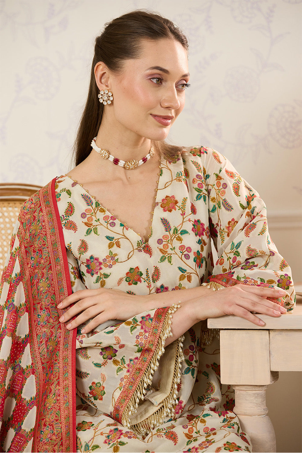 Cream Georgette Floral Resham Woven Unstitched Suit Material