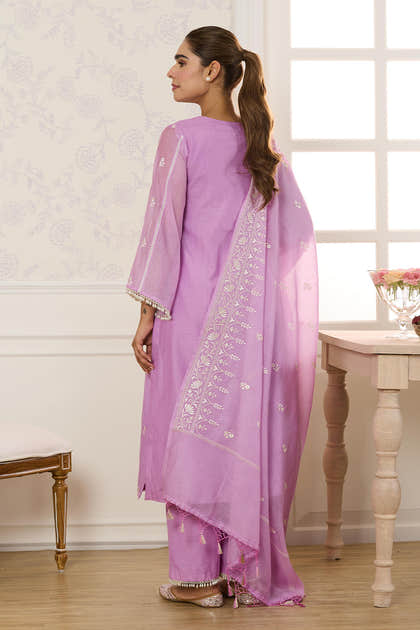 Mauve Mul Chanderi Resham Embroidered Unstitched Suit Material