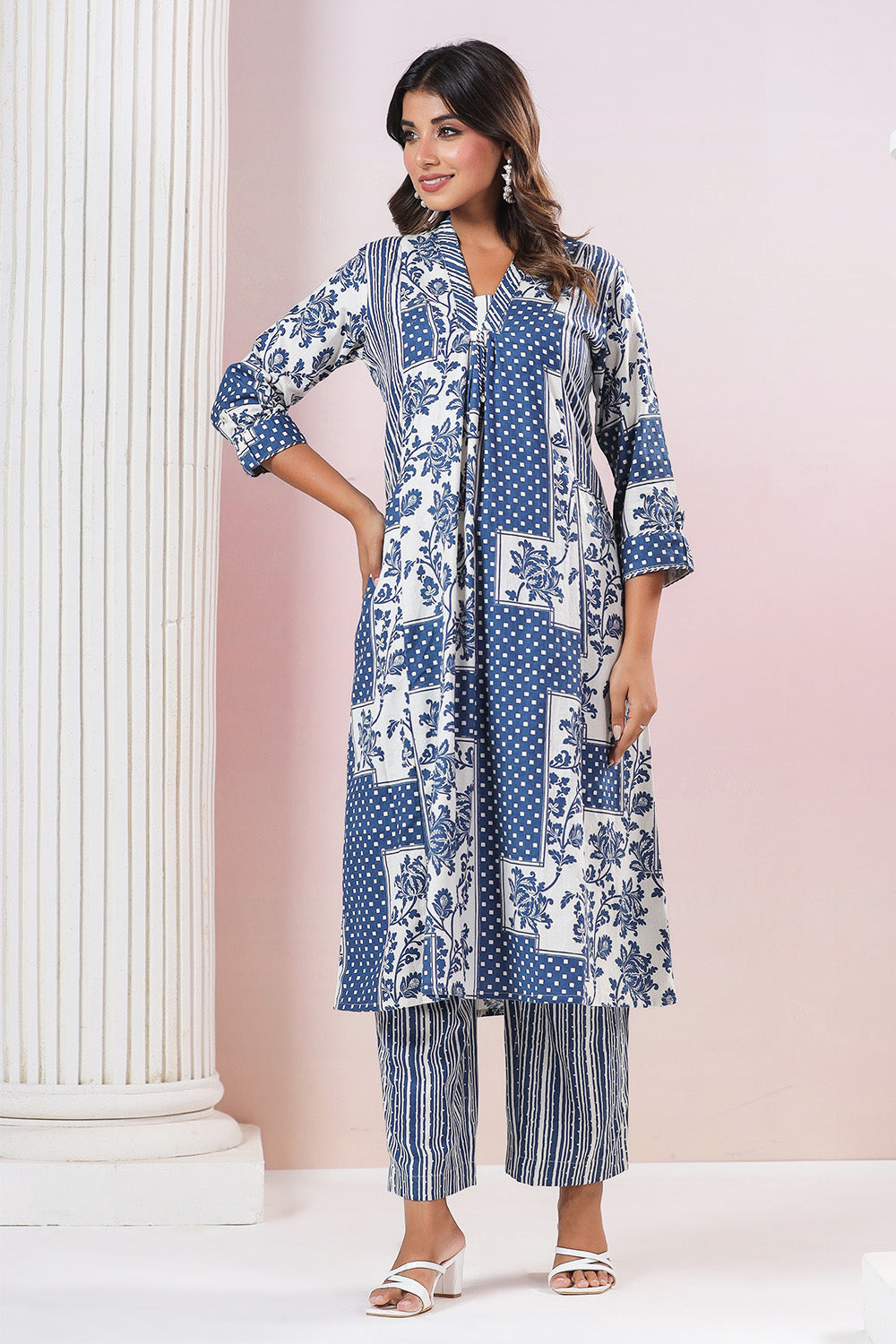 Blue & Cream Color Cotton Printed Long Kurta Set