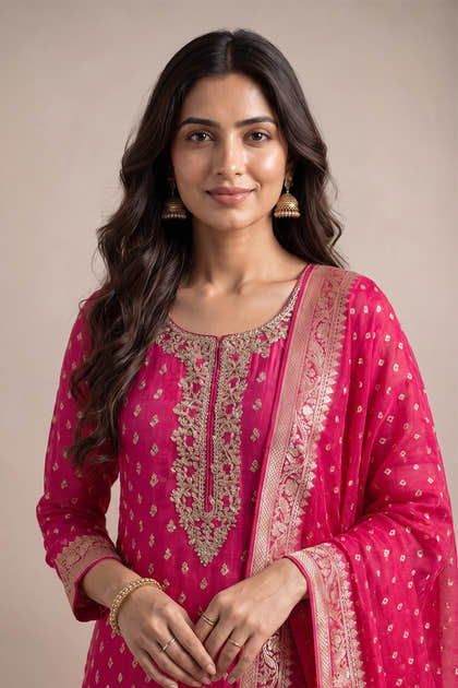Rani Silk Zari Woven And Neck-Embroidered Unstitched Suit Material