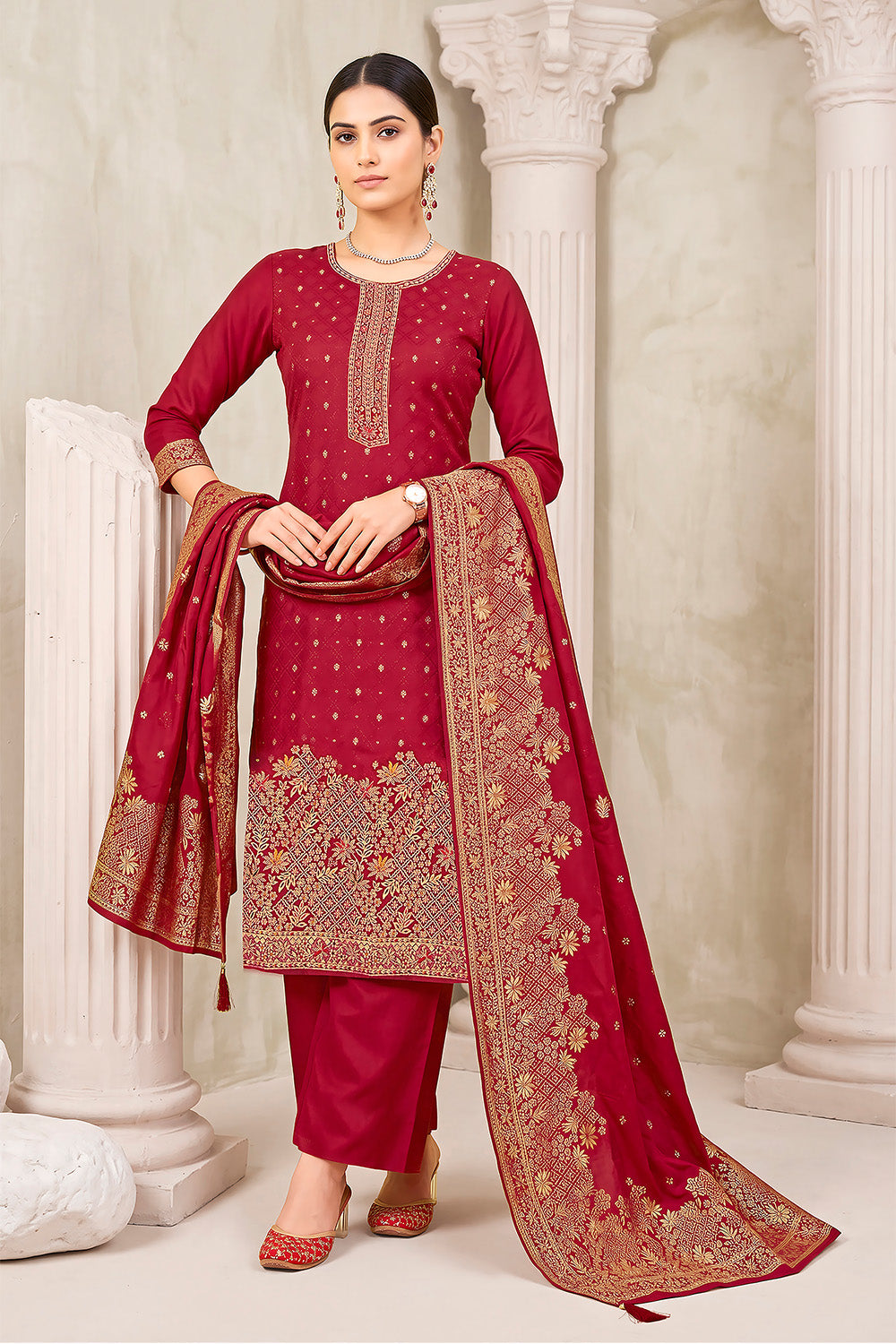 Maroon Pashmina Zari Woven Unstitched Suit Material