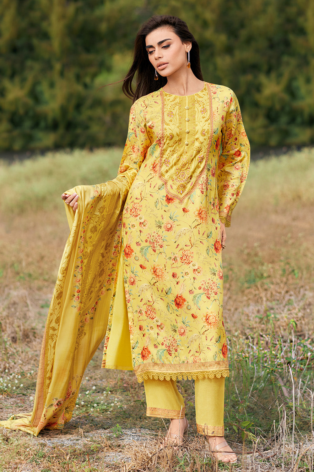 Pale Yellow Color Crepe Silk Floral Printed Unstitched Suit Fabric