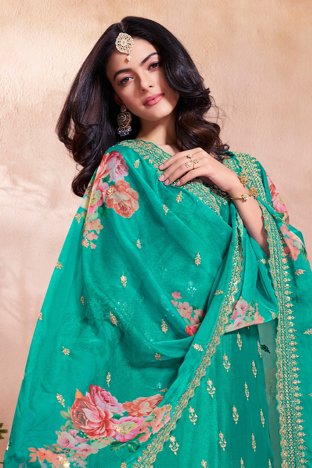 Teal Green Crepe Silk Embroidered Suit With Palazzo