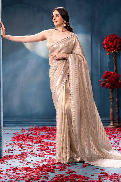 Cream Sequins and Resham Embroidered Metallic Tissue Saree