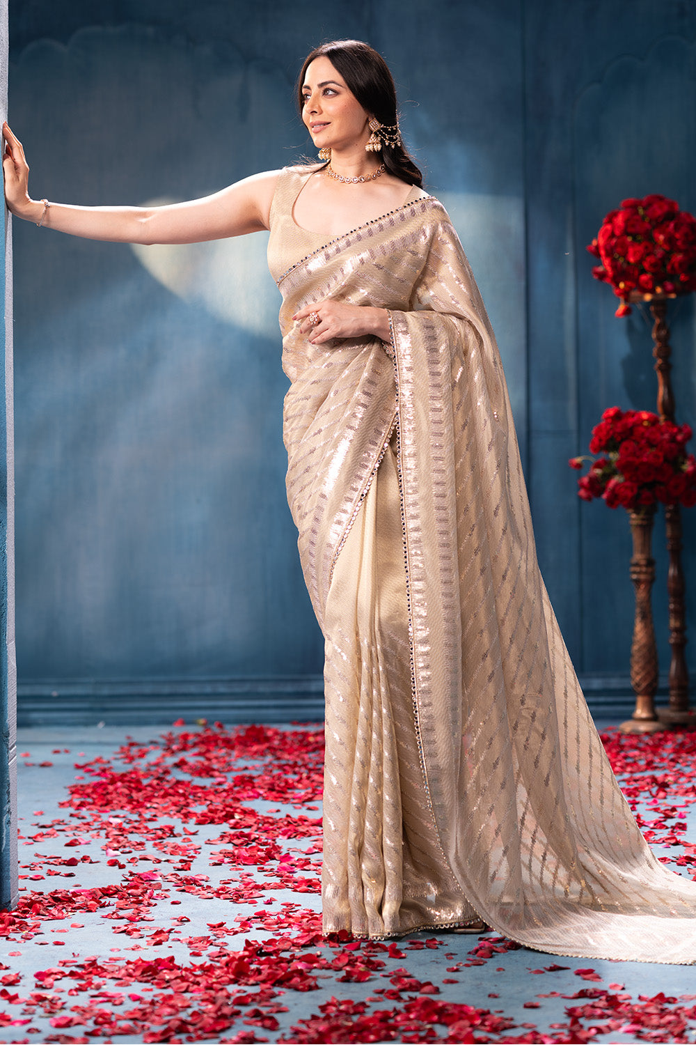 Cream Sequins and Resham Embroidered Matelic Tissue Saree