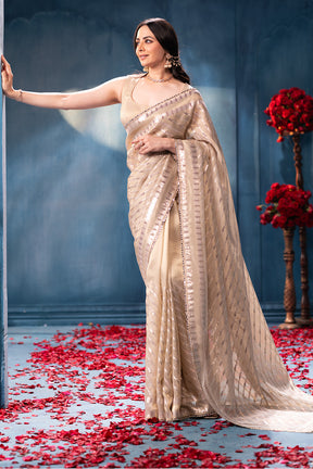 Cream Sequins and Resham Embroidered Matelic Tissue Saree