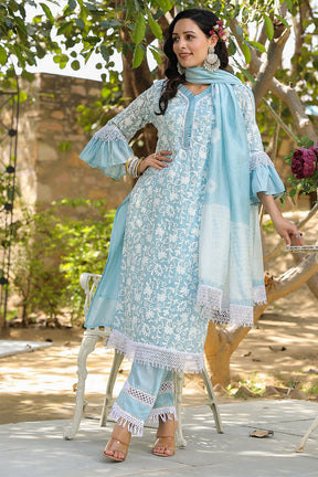 Powder Blue Color Chanderi Silk Resham Embroidered Suit