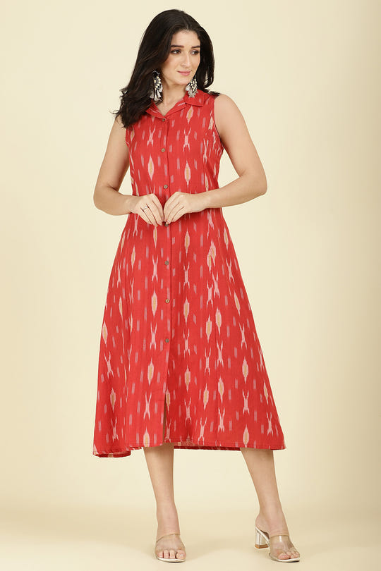 Red Cotton Printed Peonies Dress