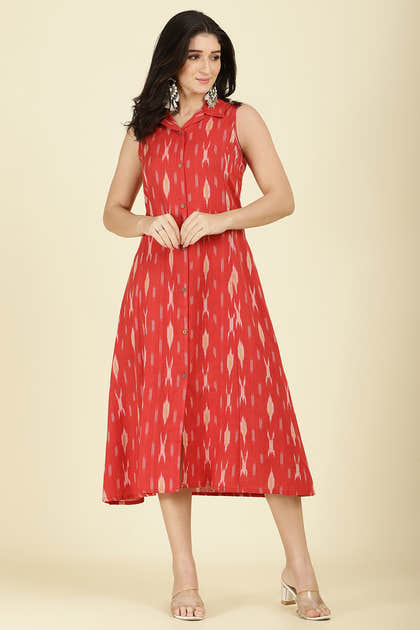 Red Cotton Ikat Printed Peonies Dress