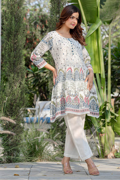 Cream Floral Printed Cotton Kurta Set