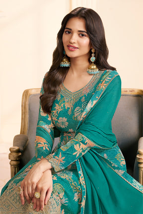 Teal Chinone Silk Floral Printed And Embroidered Unstitched Suit Fabric