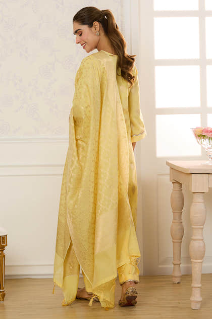 Yellow Chanderi Cotton Zari Woven Unstitched Suit Material
