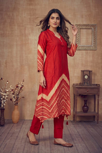 Red Mulberry Silk Printed Kurta Set