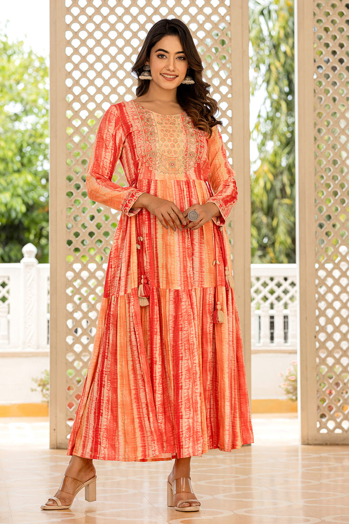 Orange Color Cotton Shibori Print Anarkali Kurti