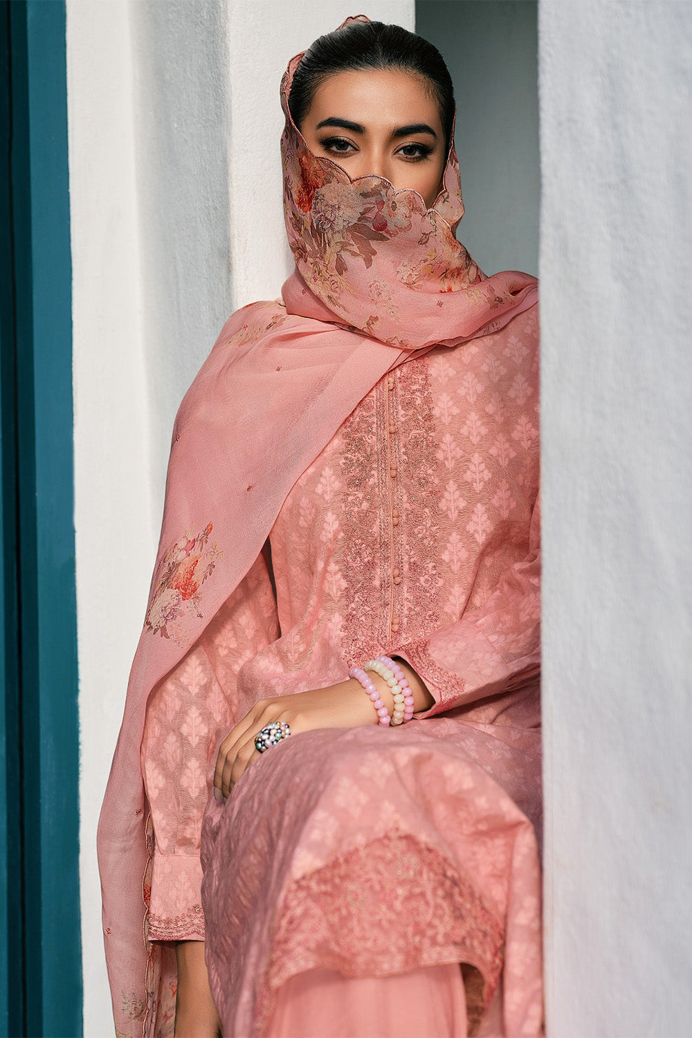 Pink Printed And Embroidered Cotton Unstitched Suit