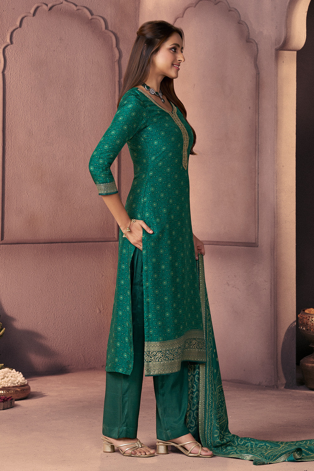 Teal Green Neck-Embroidered And Printed Suit Set