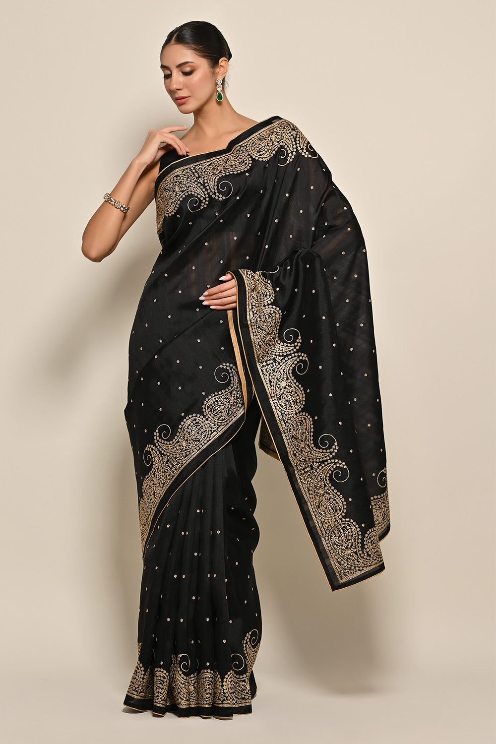 Black Color Tussar Silk Resham Work Saree
