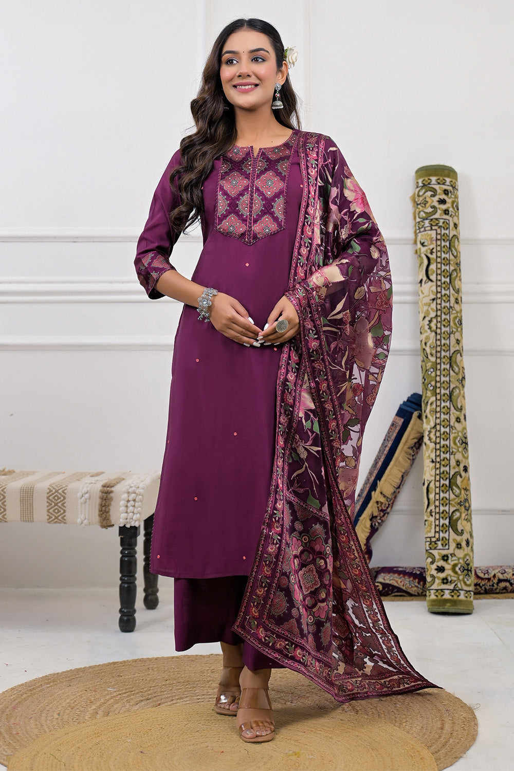 Wine Chanderi Suit Neck Printed & Embroidered Suit Set