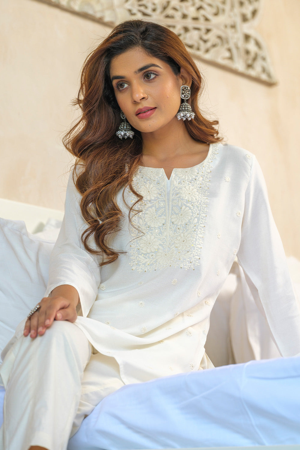 White Color Neck Embroidered Cotton Kurti