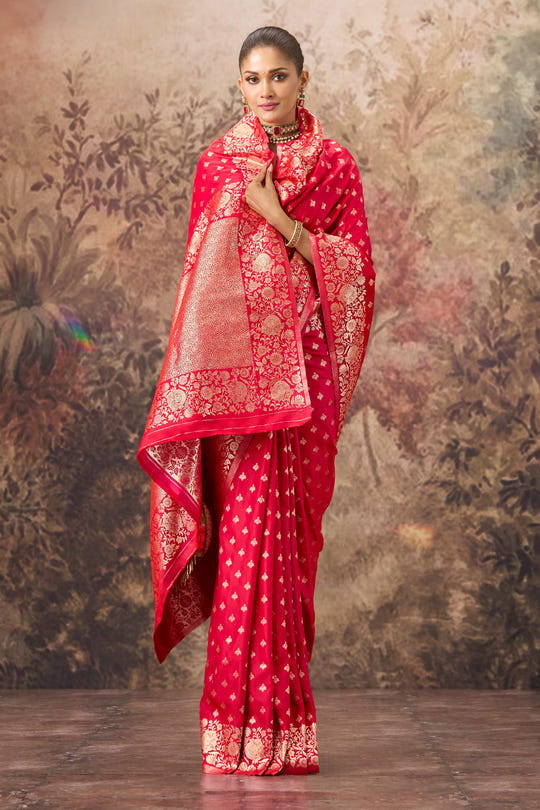 Red Charmeuse Silk Zari Woven Saree