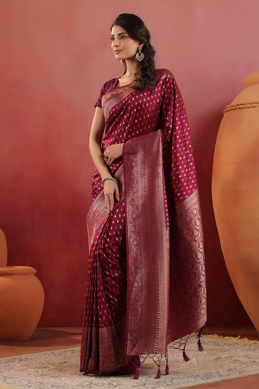Wine Soft Silk Woven Saree