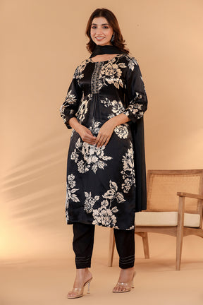 Black Color Satin Floral Printed Suit
