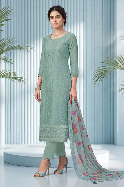 Seafoam Blue Organza Resham Embroidered Unstitched Suit Material