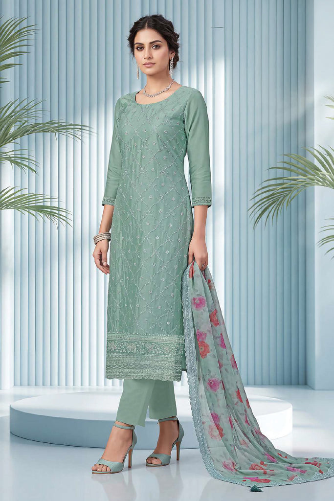 Seafoam Blue Organza Resham Embroidered Unstitched Suit Material