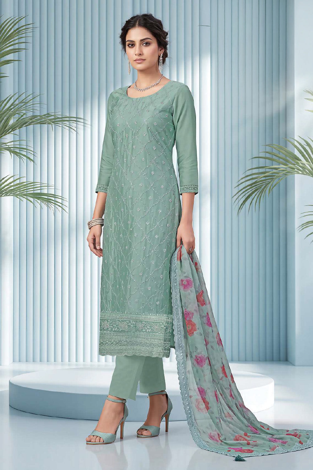 Seafoam Blue Organza Resham Embroidered Unstitched Suit Material