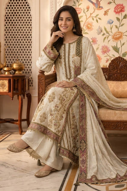 Cream Crepe Silk Printed And Handwork Suit