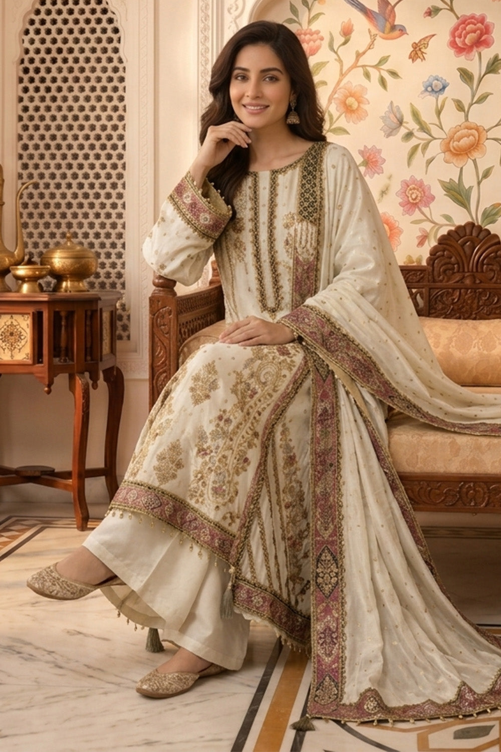 Cream Crepe Silk Printed And Handwork Suit