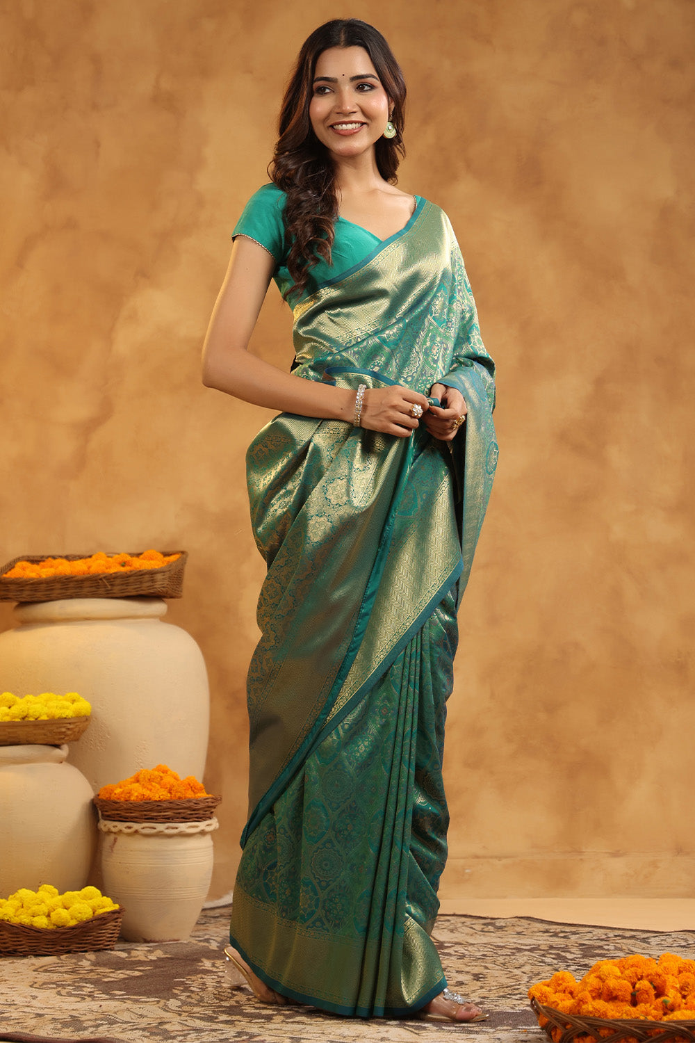 Teal Colour Silk Woven Saree
