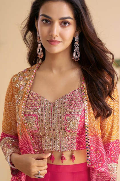 Magenta Pink Silk Bandhani Printed & Zari Embroidered Palazzo Set With Jacket