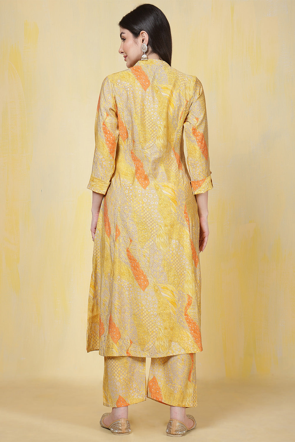Yellow Cotton Printed Long Kurta Set