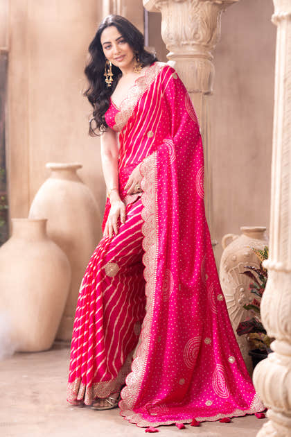 Magenta Pink Gajji Silk Embroidered and Printed Saree