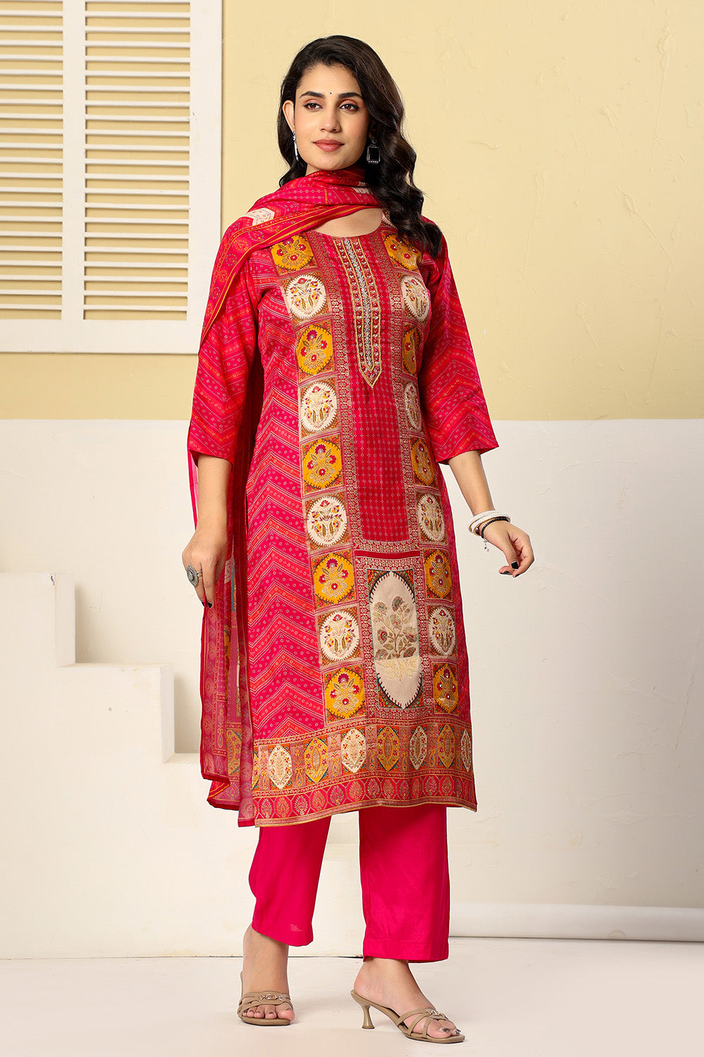 Magenta Pink Printed Embroidered Chanderi Silk Suit Set