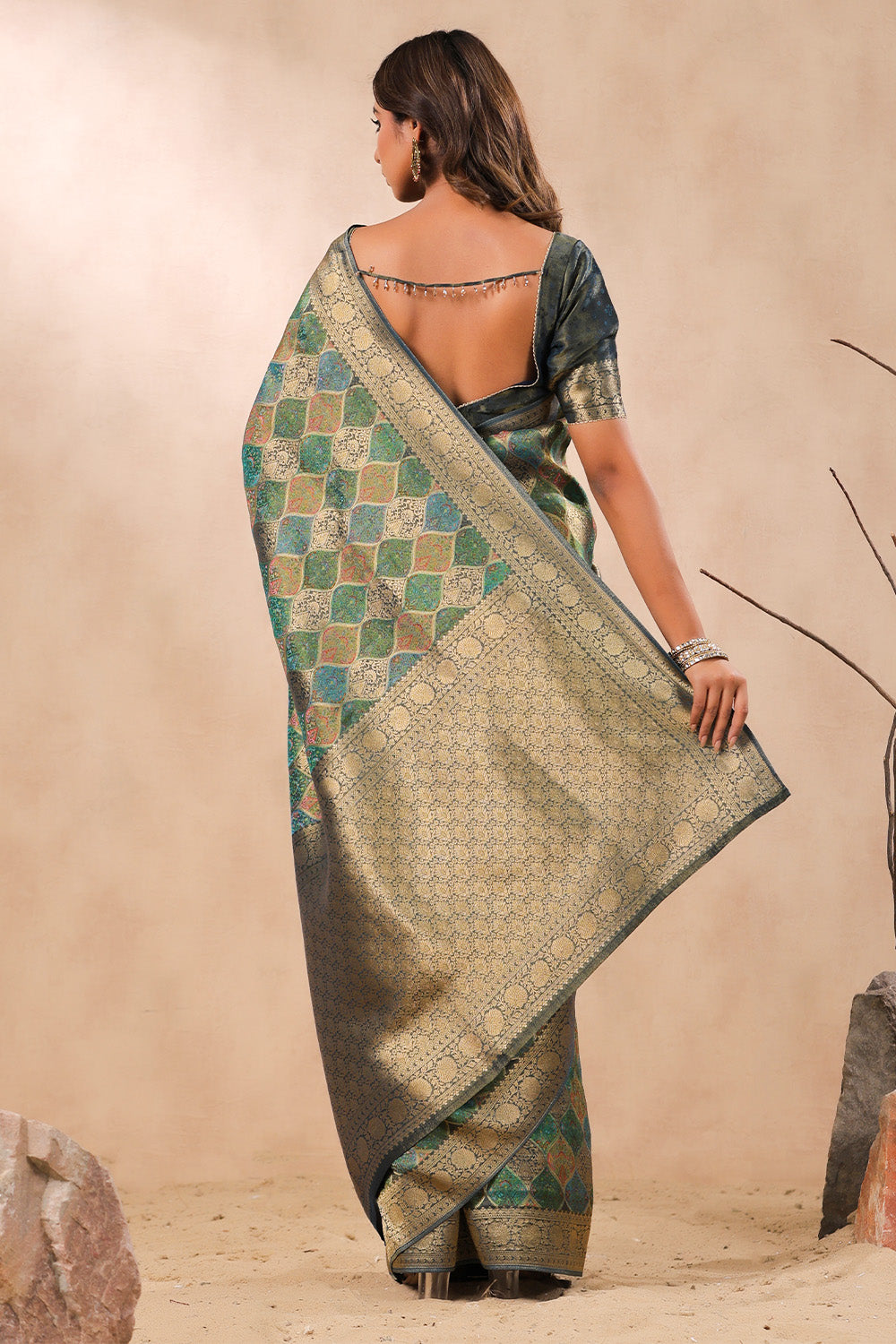 Teal Color Banarasi Woven Silk Saree