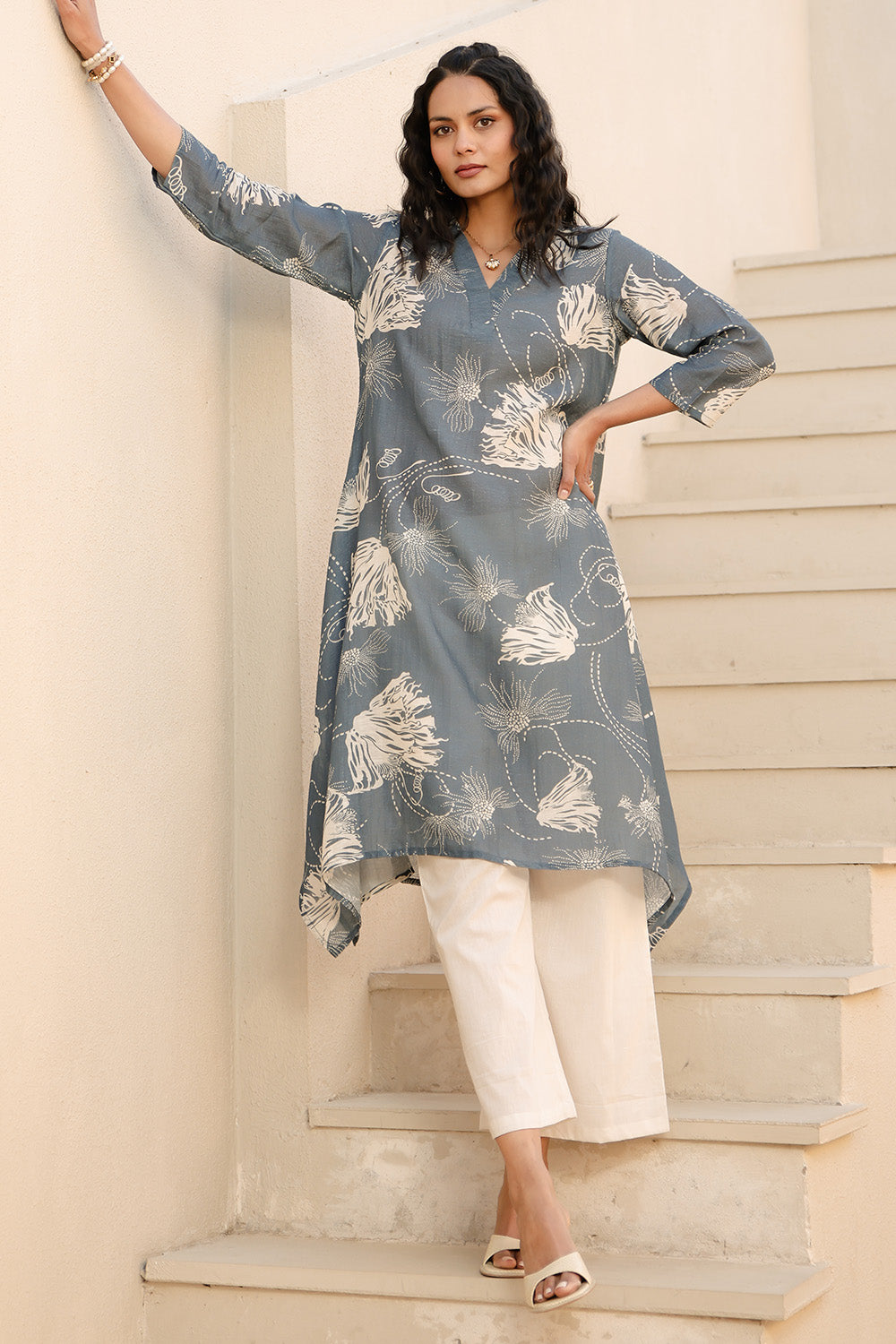 Grey Color Chanderi Printed Kurta Set