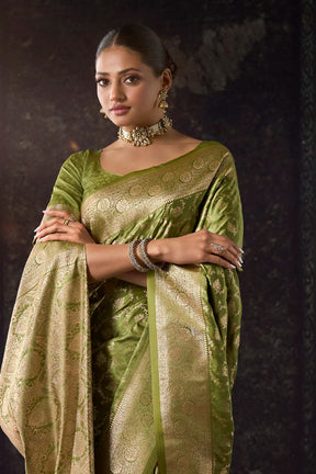 Olive Green Katan Silk Banarasi Zari Woven Saree