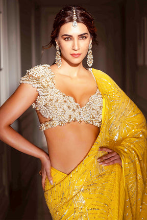 Mustard Color Georgette Sequins Embroidered Saree With Readymade Blouse
