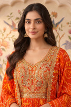 Orange Georgette Fabric Neck Embroidered & Bandhani Printed Anarkali KurtI