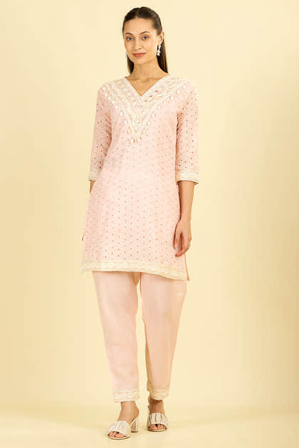 Pink Cotton Hacoba Style Neck-Embroidered Kurta Set