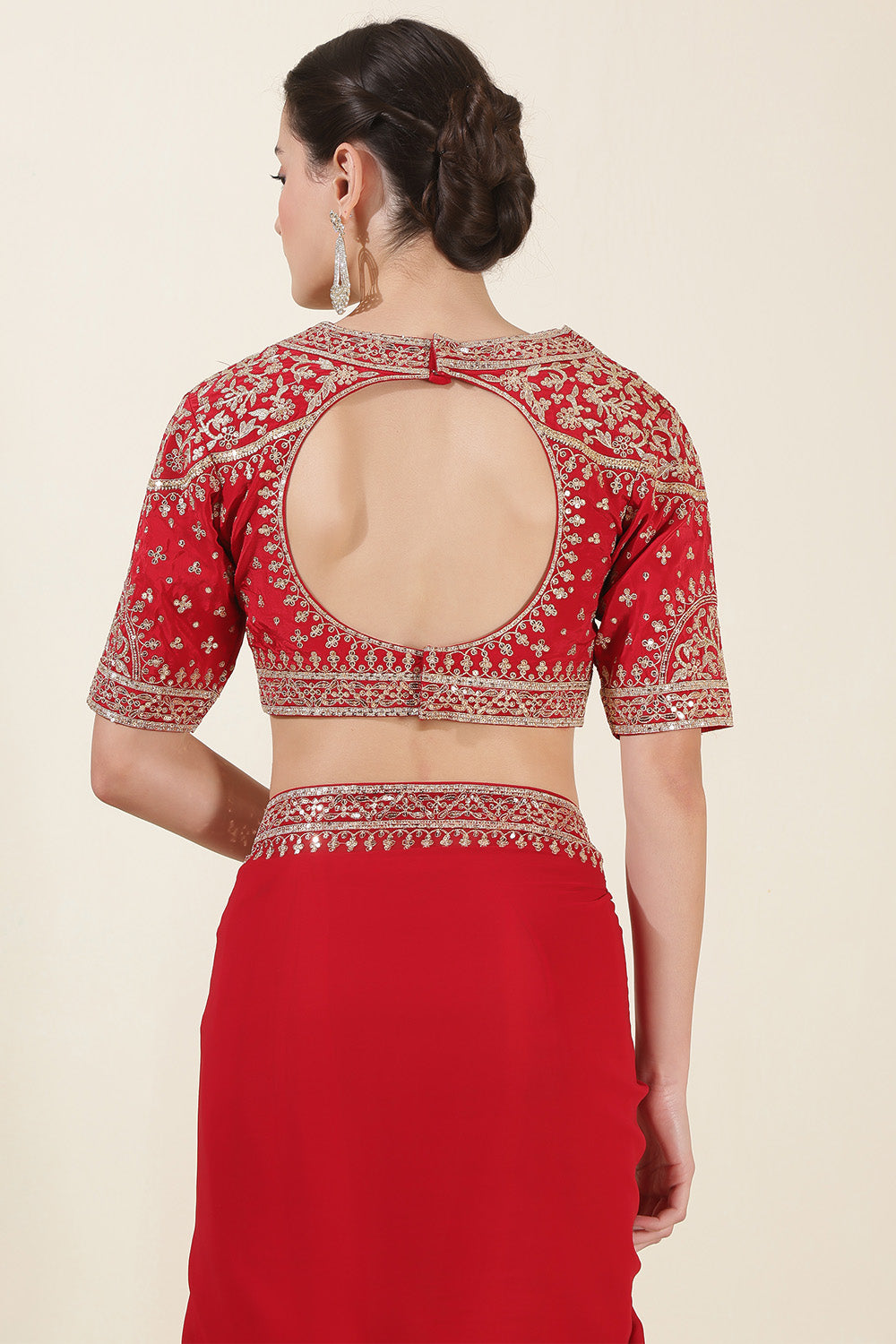 Red Colour Georgette Sequins And Zari Embroidered Saree With Readymade Blouse